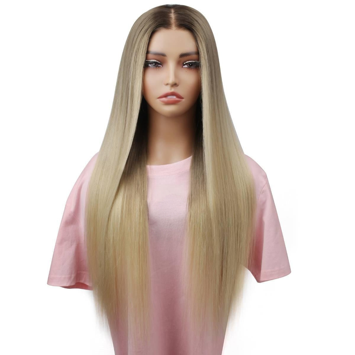 Raw Straight Glueless 5x5 HD Lace Closure Wig - Chocolate Brown / Platinum Blonde / Blonde Ombre (4/60/613) - ash-blonde with dark shadow roots, long sleek straight length, front view