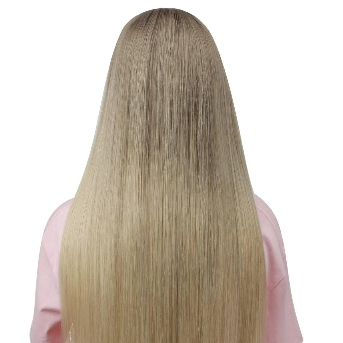 Raw Straight Glueless 5x5 HD Lace Closure Wig - Chocolate Brown / Platinum Blonde / Blonde Ombre (4/60/613) - ash-blonde, long straight sleek hair with dark roots, back view