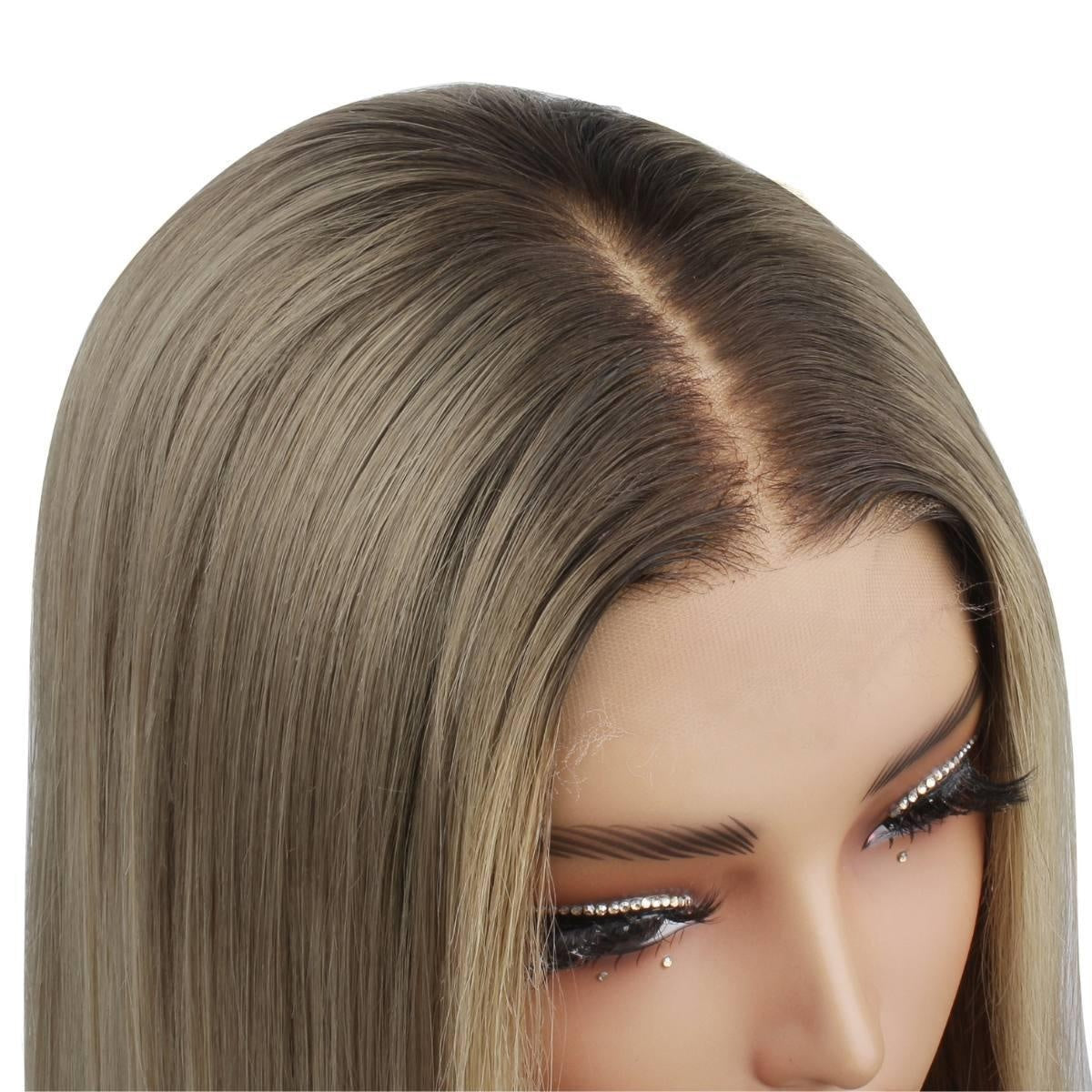 Raw Straight Glueless 5x5 HD Lace Closure Wig - Chocolate Brown / Platinum Blonde / Blonde Ombre (4/60/613) - close-up of Jezebel wig HD lace closure and middle part with dark rooted ash-blonde straight hair