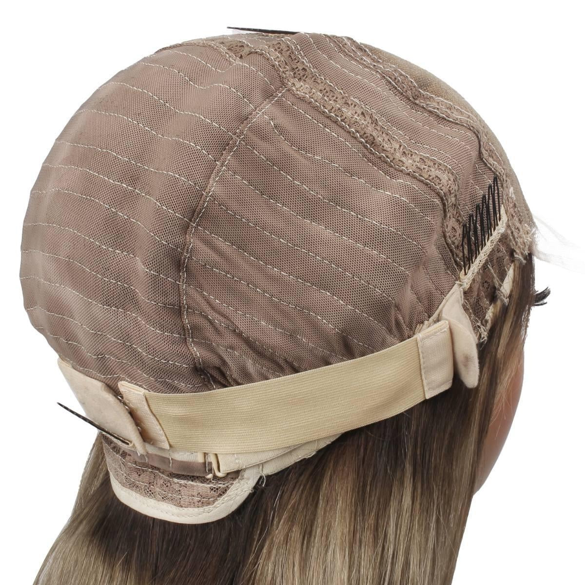 Raw Straight Glueless 5x5 HD Lace Closure Wig - Chocolate Brown / Platinum Blonde / Blonde Ombre (4/60/613) - side view of glueless cap construction with adjustable strap and combs, HD lace