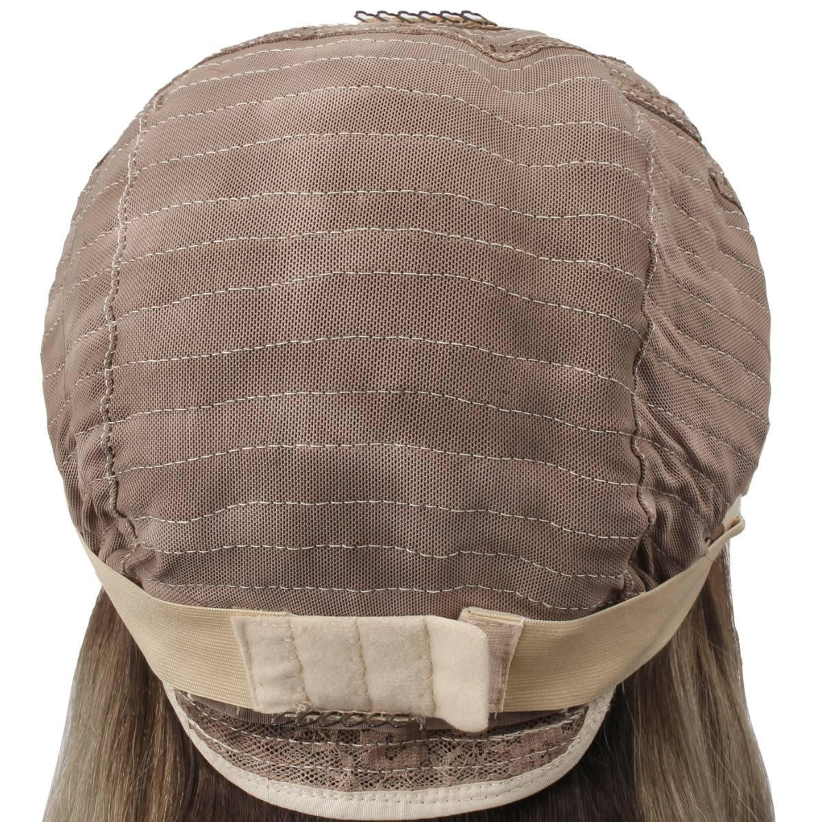 Raw Straight Glueless 5x5 HD Lace Closure Wig - Chocolate Brown / Platinum Blonde / Blonde Ombre (4/60/613) - back view of cap interior with adjustable band and velcro, breathable glueless wig construction