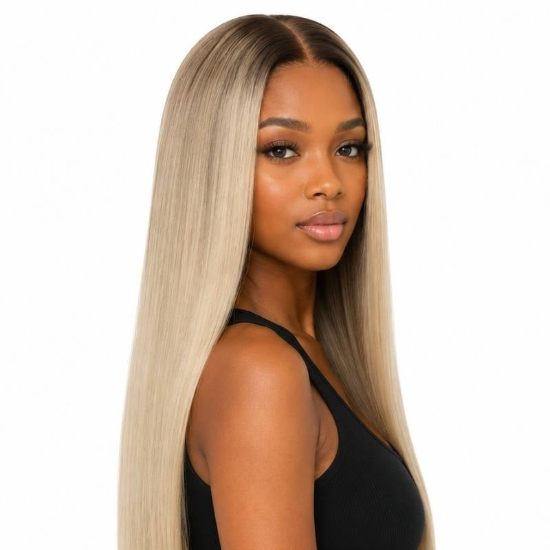 Chocolate brown rooted platinum blonde straight human hair wig on a model turned over the shoulder showing a middle part and straight lengths