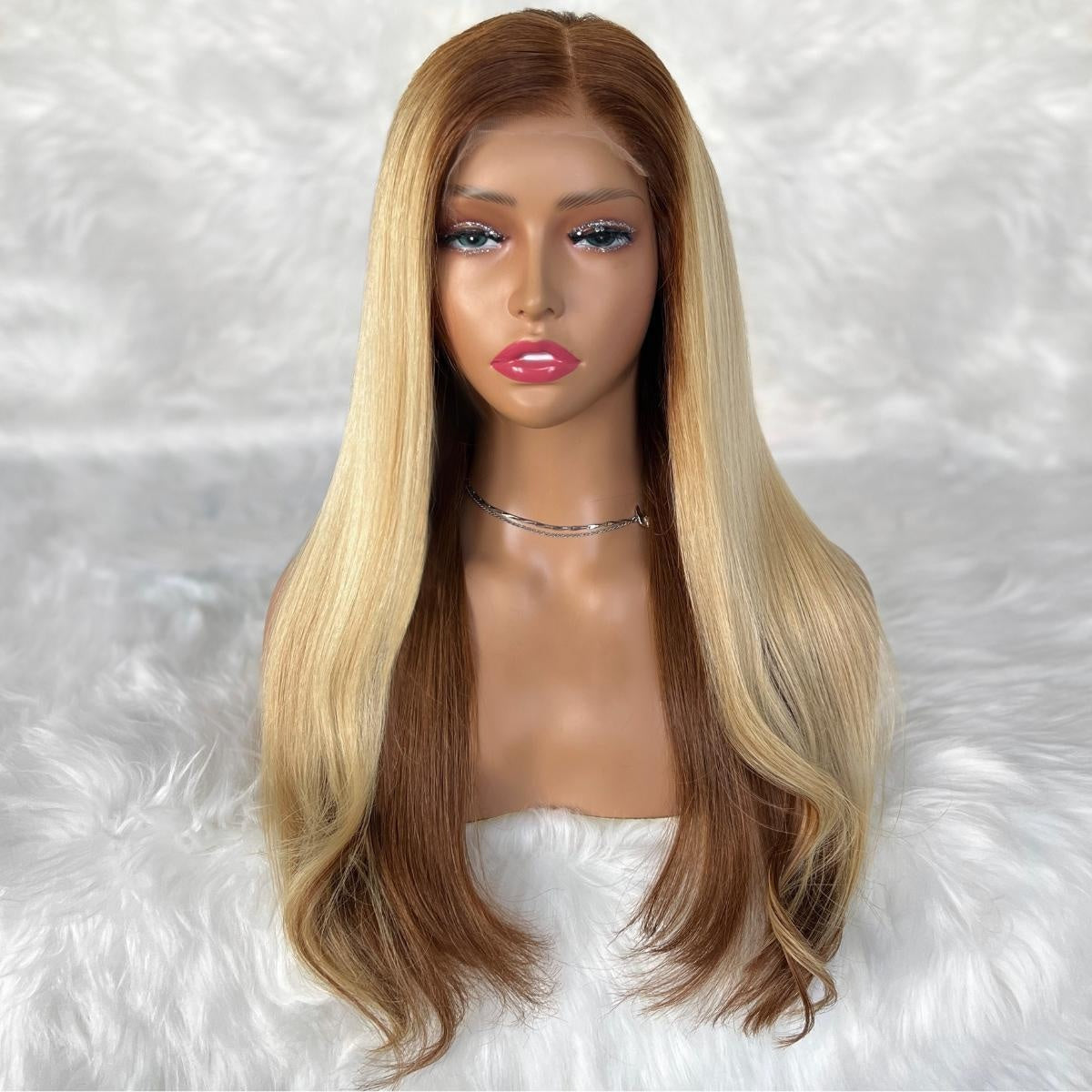 Raw Straight Glueless 5x5 HD Lace Closure Wig - Toffee / Blonde Balayage (30/613) - honey blonde raw human hair with brown roots, long sleek straight, front view on mannequin