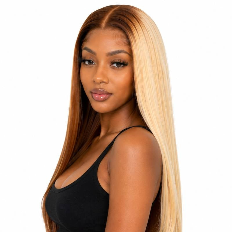 Toffee and blonde balayage straight human hair wig on a model turned over the shoulder showing the contrast between the toffee and blonde sections