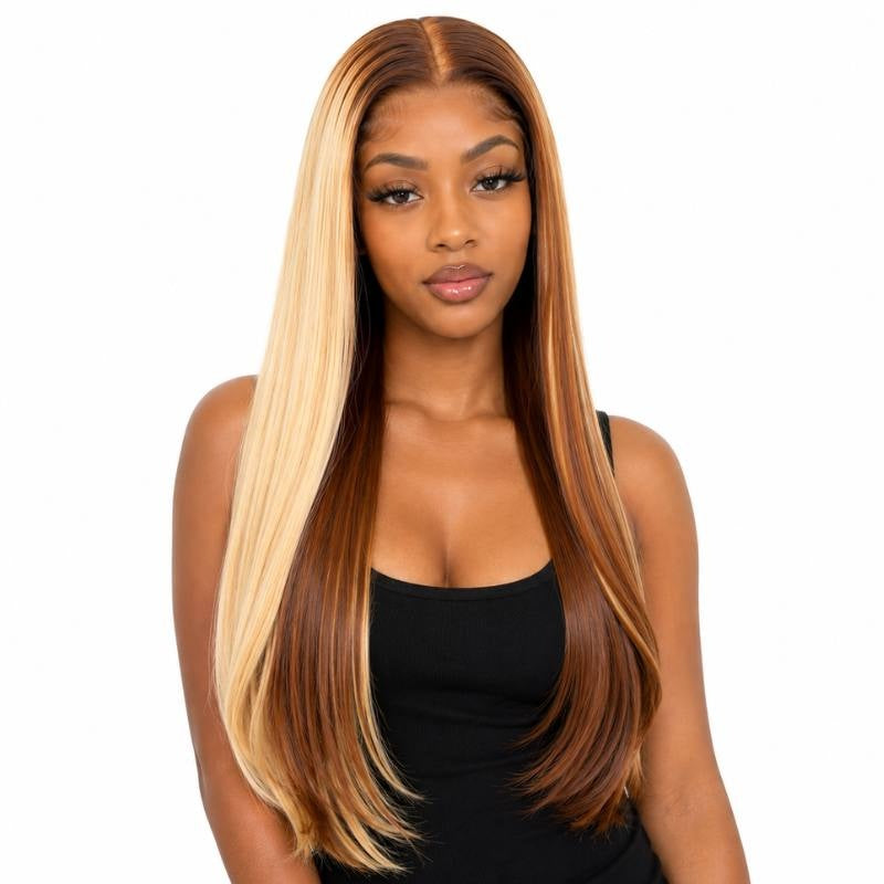 Model wearing a toffee and blonde balayage straight human hair wig with a middle part and a wide blonde face framing section