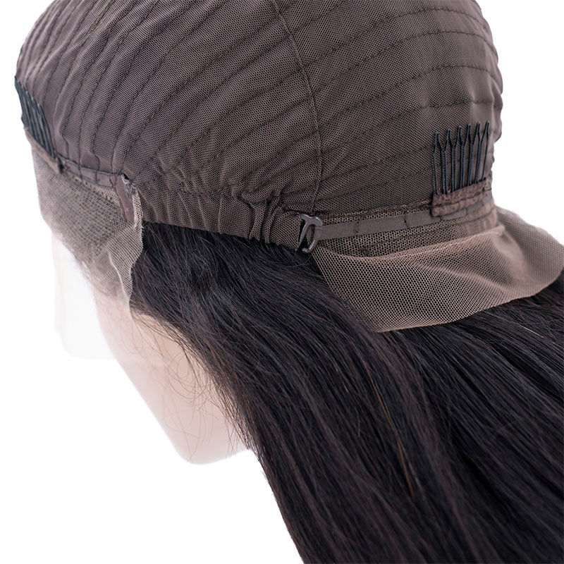 Human Hair Wig - Straight 13x4 HD Lace Front Wig - Natural Black (1B) - back cap with adjustable straps