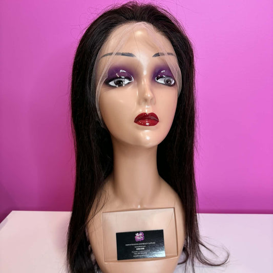 Front view of 20 inch straight 13x4 HD lace front human hair wig on mannequin showing natural hairline and sleek styling