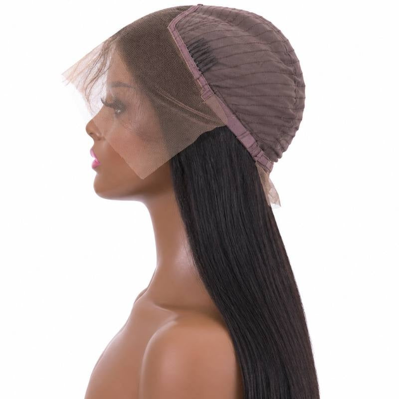 Natural black straight human hair wig on a mannequin seen from the side with the cap and the uncut lace front visible