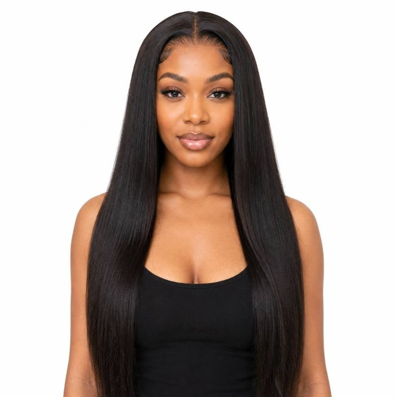 Model wearing a natural black straight human hair wig with a middle part and long straight lengths on a white background