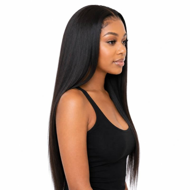 Side profile of a model wearing a natural black straight human hair wig showing the straight lengths falling past the chest