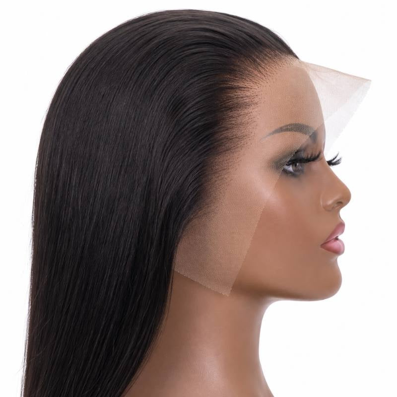 Side view of a natural black straight human hair wig on a mannequin with uncut lace extending past the hairline and laid baby hairs