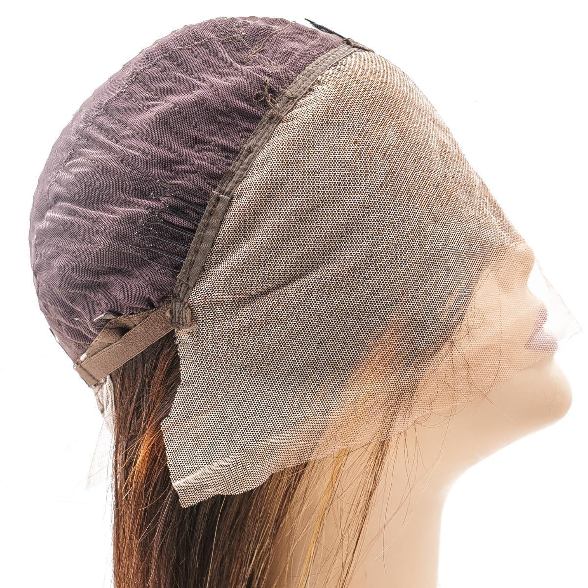 Straight 13x4 Transparent Lace Front Bob Wig - Chocolate Brown / Honey Blonde Balayage (4/27) - side profile of cap interior