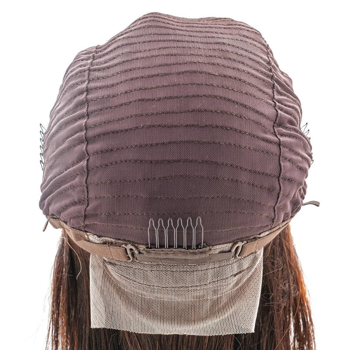 Straight 13x4 Transparent Lace Front Bob Wig - Chocolate Brown / Honey Blonde Balayage (4/27) - back of cap, combs and strap