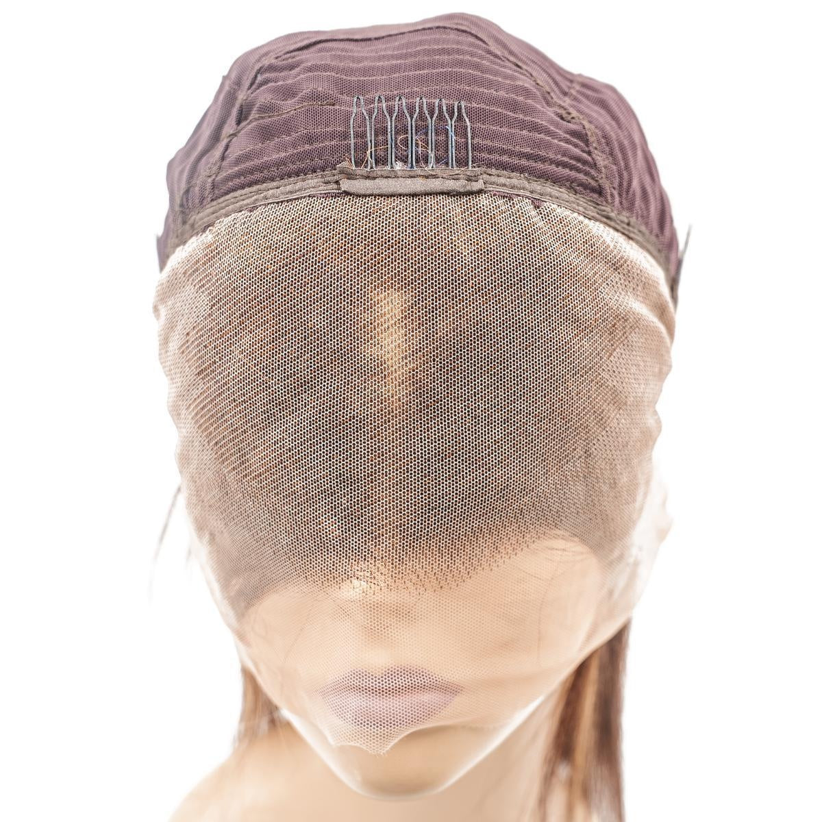 Straight 13x4 Transparent Lace Front Bob Wig - Chocolate Brown / Honey Blonde Balayage (4/27) - inside cap, lace front detail