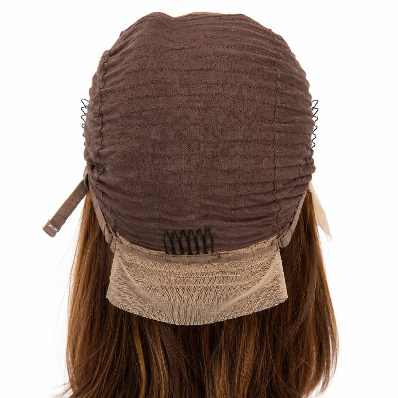 Interior back of the cap on a chocolate brown and honey blonde balayage bob human hair wig showing the wefted dome, side combs and nape panel
