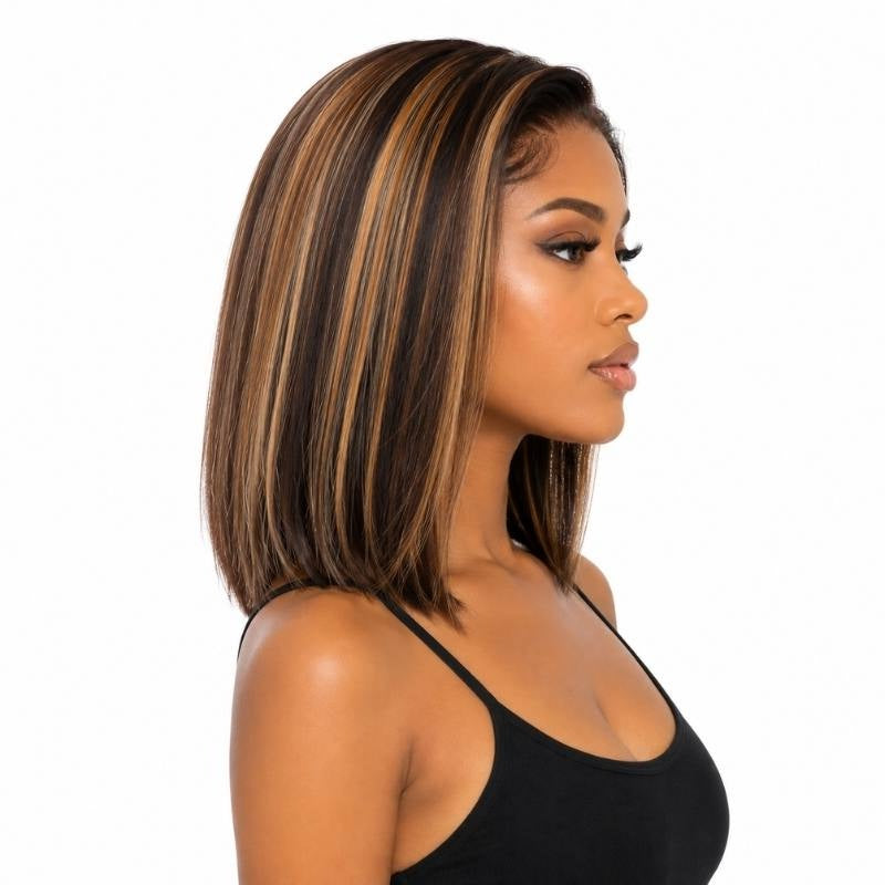 Side profile of a model wearing a chocolate brown and honey blonde balayage straight bob human hair wig cut to a blunt line