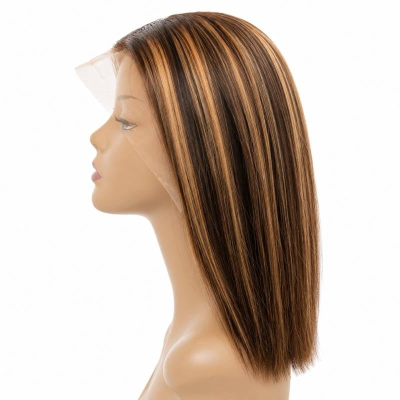 Chocolate brown and honey blonde balayage straight bob human hair wig on a mannequin from the side showing the highlight streaks and lace front