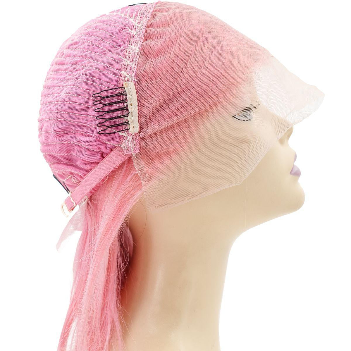 Straight 13x4 Transparent Lace Front Bob Wig - Cotton Candy Pink - side profile, cap interior combs
