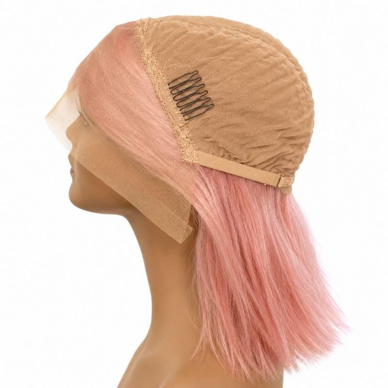 Cap of a cotton candy pink straight bob human hair wig on a mannequin from the side showing the wefted dome, a comb and the lace front