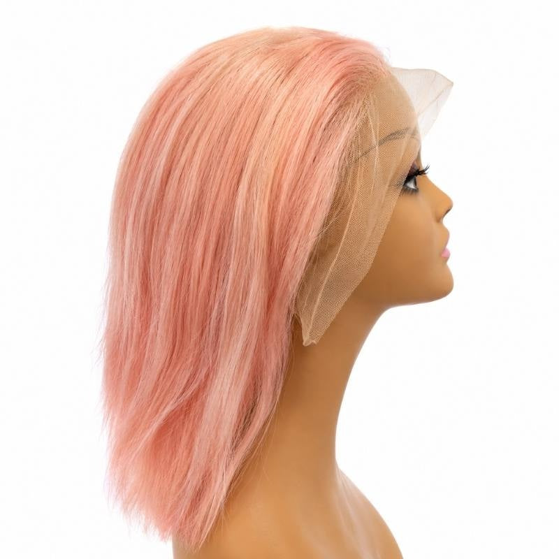 Cotton candy pink straight bob human hair wig on a mannequin seen from the side with the uncut lace front laid over the face