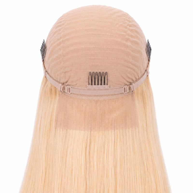Interior back of the cap on a blonde straight human hair wig showing the wefted dome, adjustable straps and combs at the sides and nape