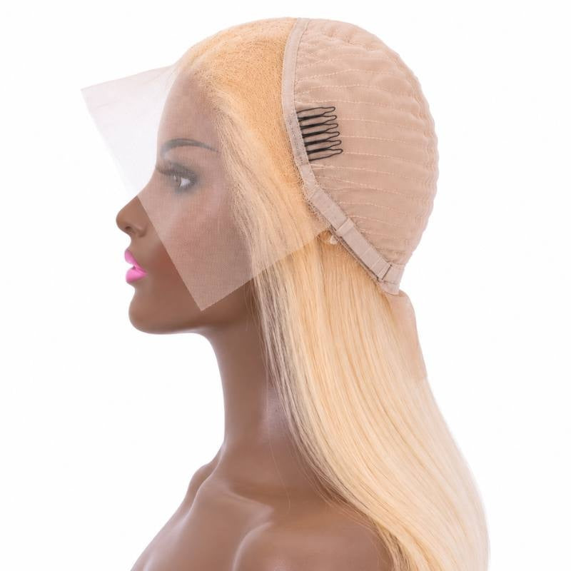 Blonde straight human hair wig on a mannequin from the side showing the cap, a comb and the uncut lace front laid over the face