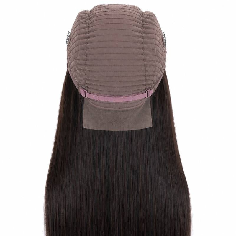 Interior back of the cap on a natural black straight human hair wig showing the wefted dome, adjustable band, side combs and nape panel