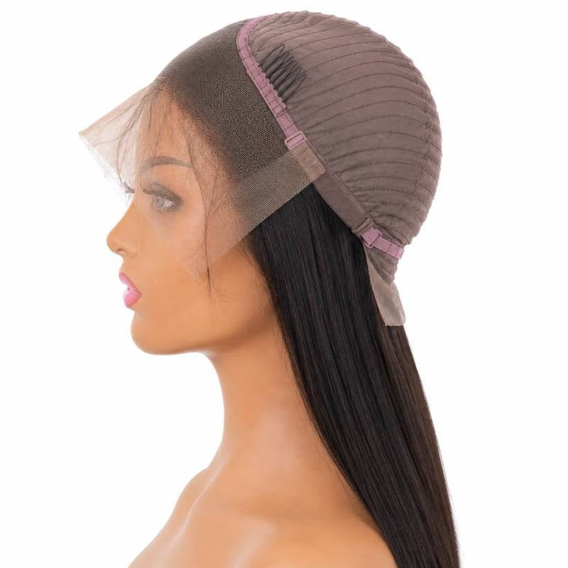 Cap of a natural black straight human hair wig folded back on a mannequin showing the lace panel, the wefted dome and the adjustable strap