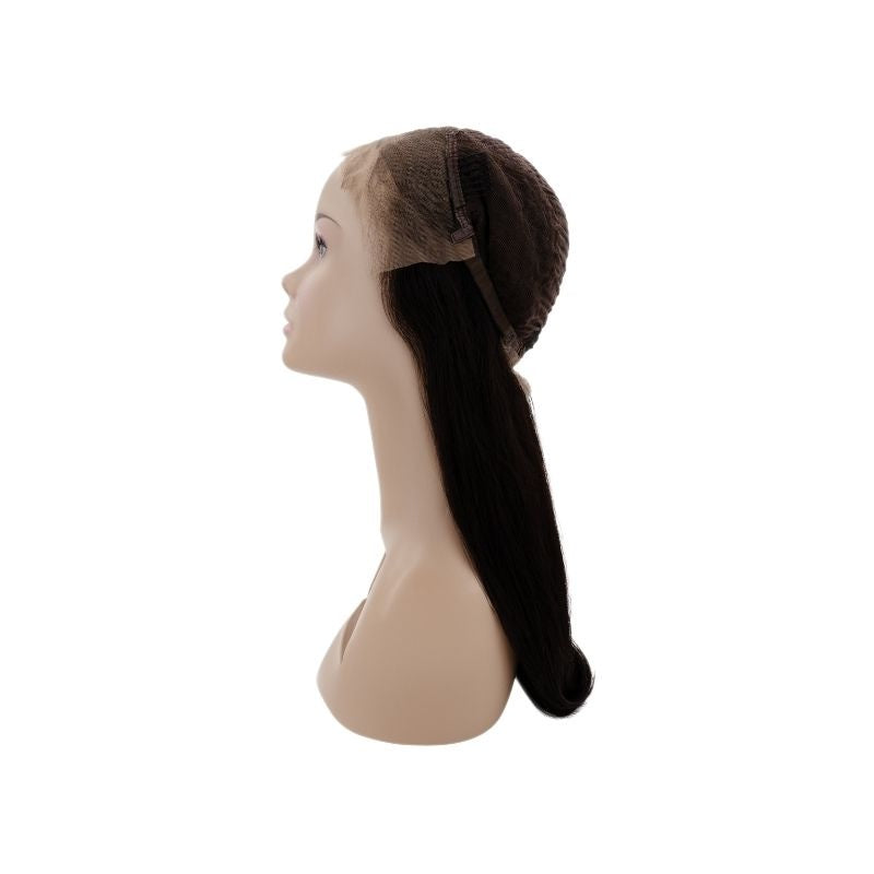 Natural black straight human hair wig on a mannequin from the side showing the cap, the adjustable strap and the lace front