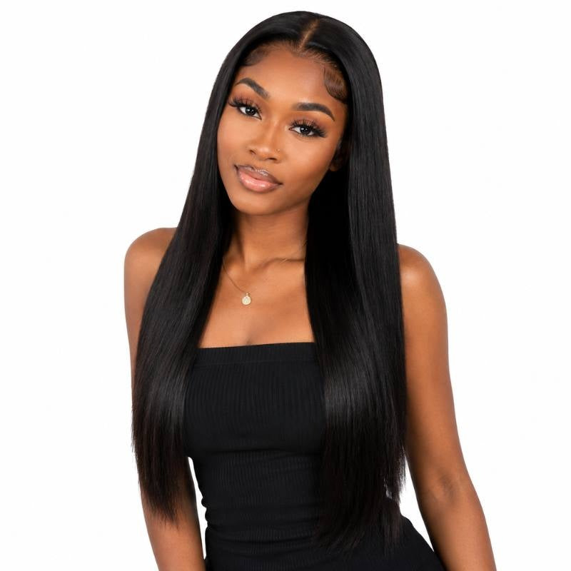 Model wearing a natural black straight human hair wig with a middle part and long straight lengths