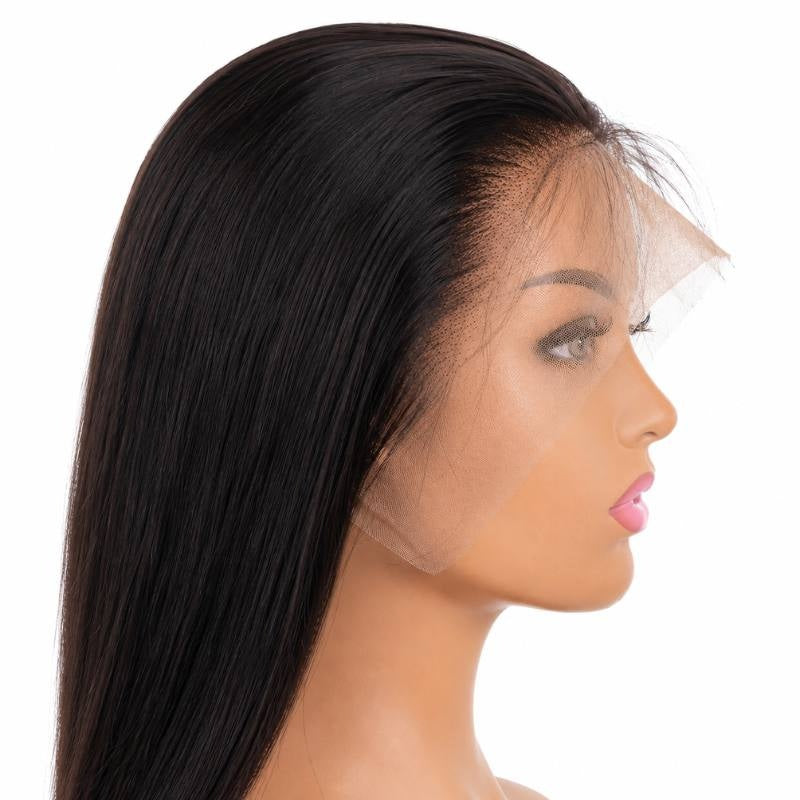 Side view of a natural black straight human hair wig on a mannequin with the uncut lace front extending past the hairline