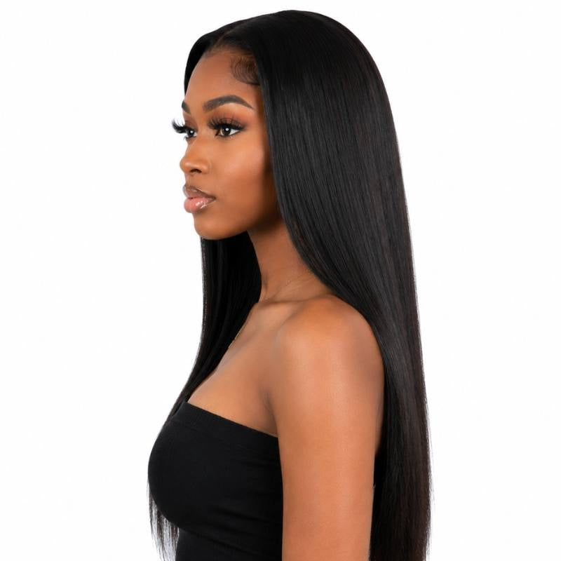 Side profile of a model wearing a natural black straight human hair wig with a middle part and long straight lengths
