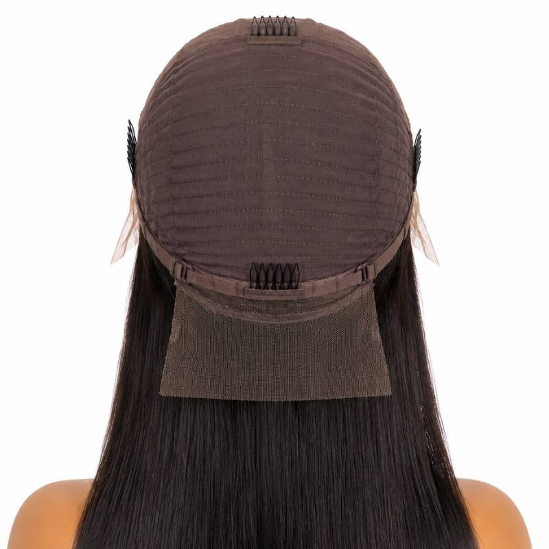 Interior back of the cap on a natural black straight human hair wig showing the wefted dome, adjustable band, side combs and nape panel