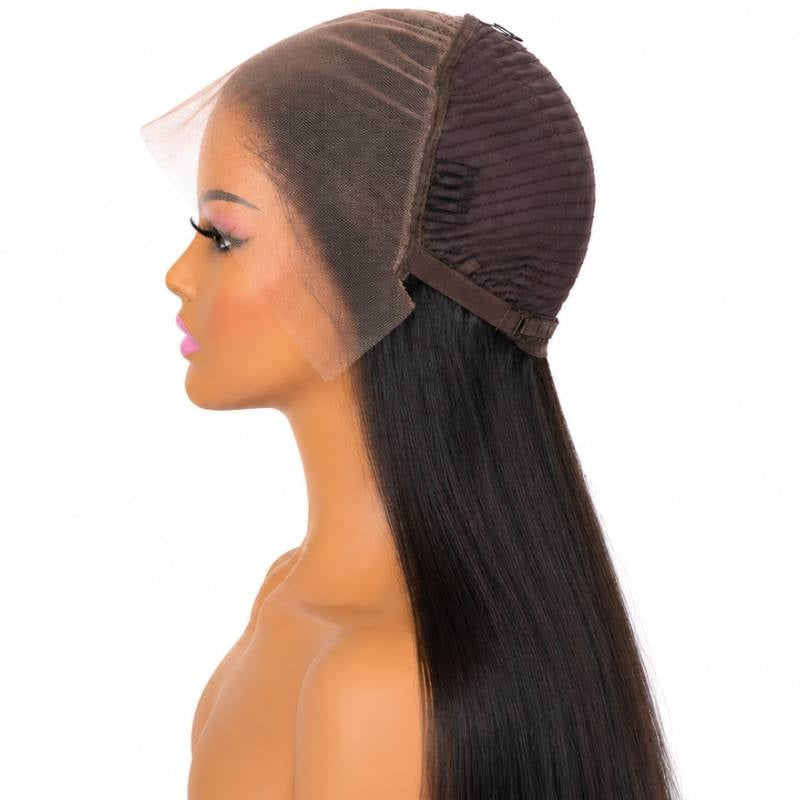 Cap of a natural black straight human hair wig folded back on a mannequin showing the lace panel, the wefted dome and the adjustable strap