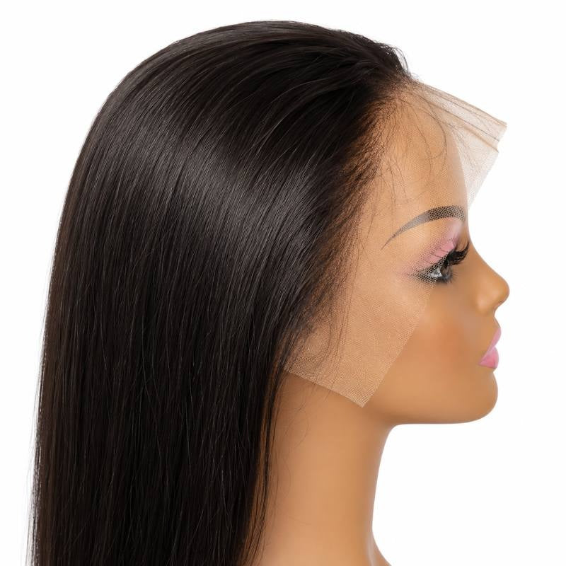 Side view of a natural black straight human hair wig on a mannequin showing the lace front extending past the hairline and fine baby hairs