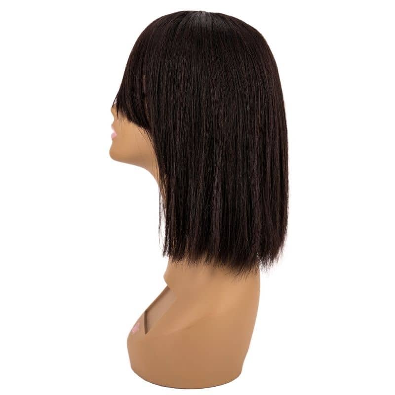 Human Hair Wig - Straight Bang Bob Wig Transparent Lace - Natural Black (1B) - side profile showing bob length