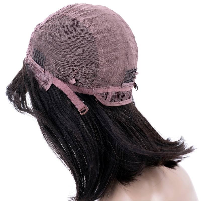 Human Hair Wig - Straight Bang Bob Wig Transparent Lace - Natural Black (1B) - cap interior with adjustable straps
