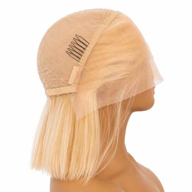Cap of a blonde 613 straight bob human hair wig shown on a mannequin with a metal comb, stitched cap rows and the lace panel folded down