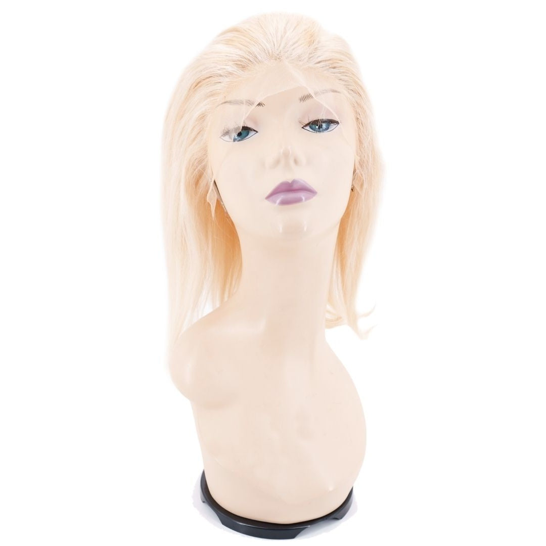Blonde straight bob human hair wig on a mannequin head against a white background with the uncut lace front draped over the face
