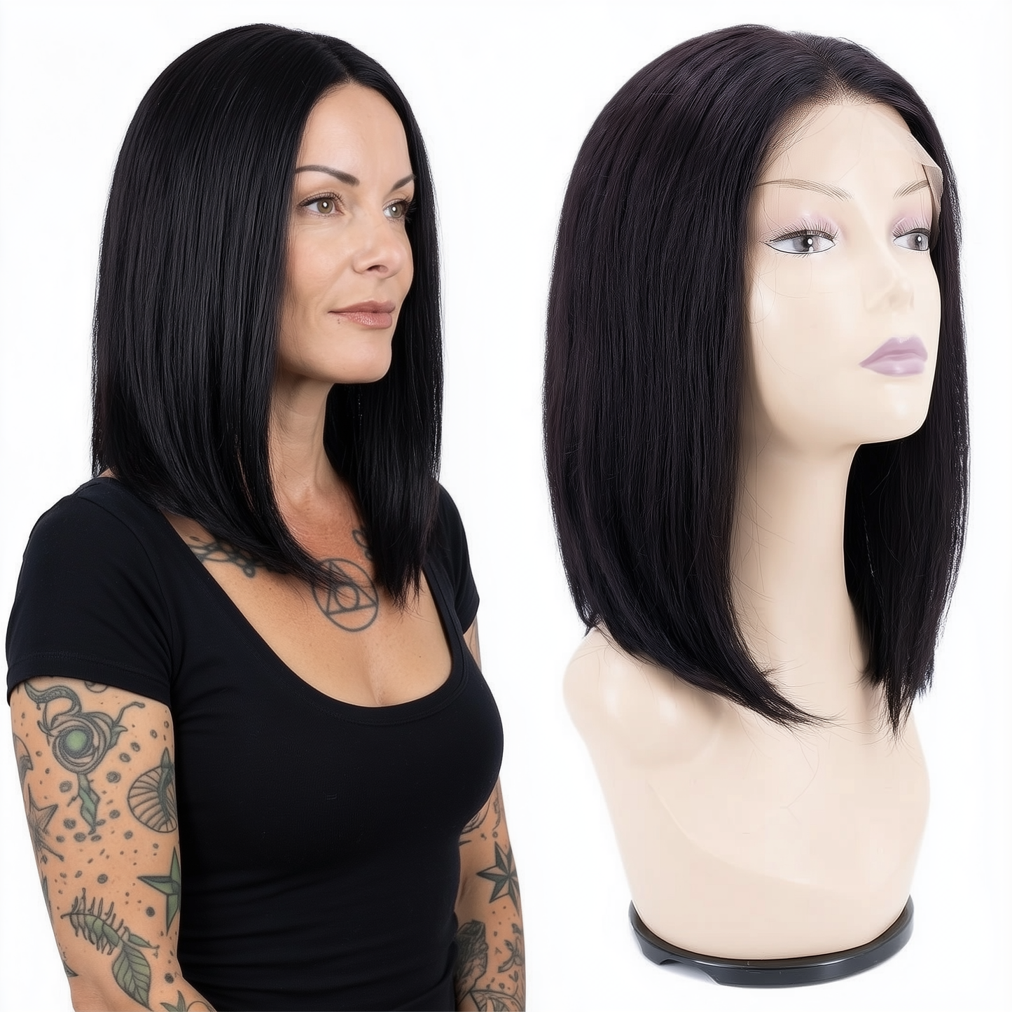 Human Hair Wig - Straight Bob Wig Transparent Lace - Natural Black (1B) - model and mannequin side by side