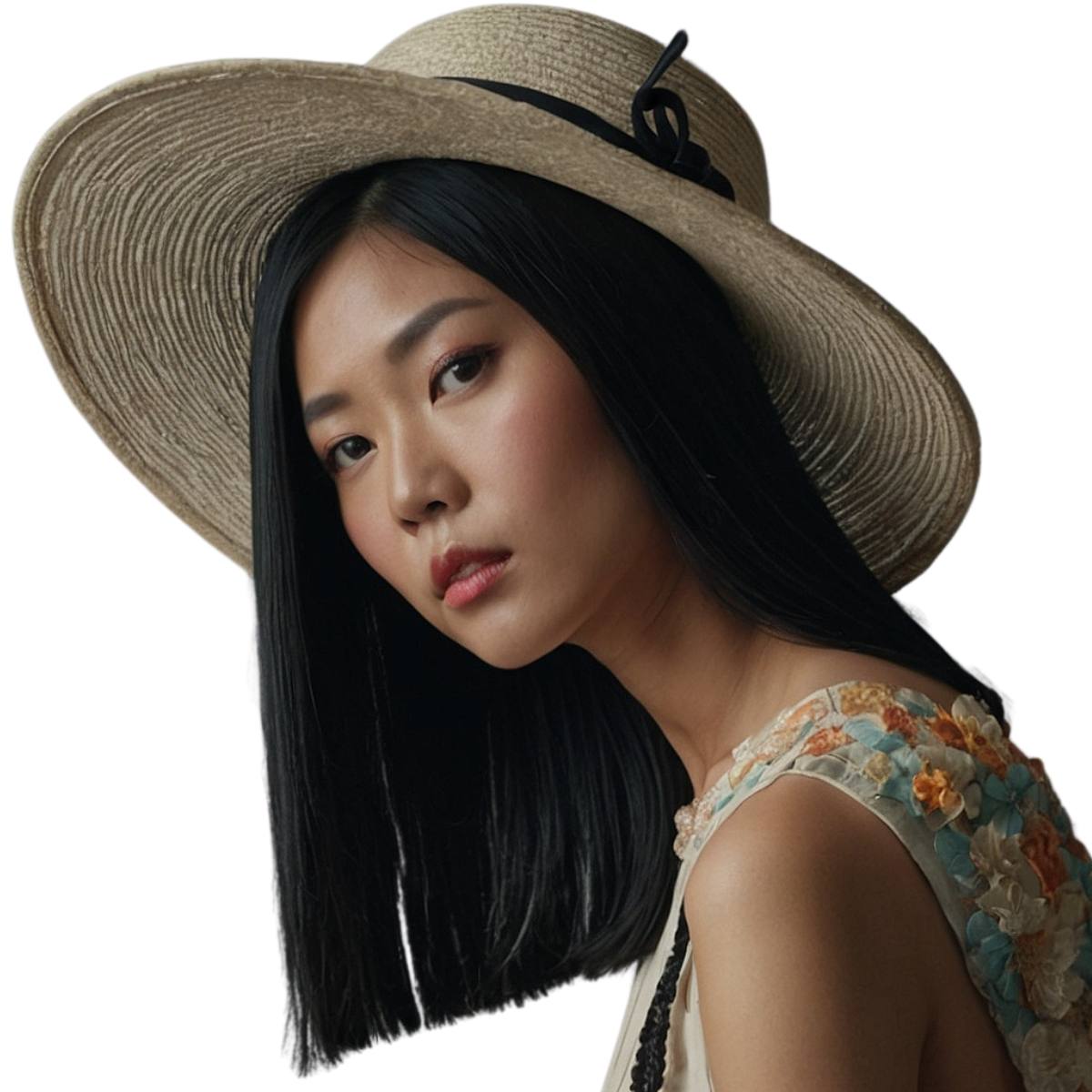 Human Hair Wig - Straight Bob Wig Transparent Lace - Natural Black (1B) - model wearing with sun hat