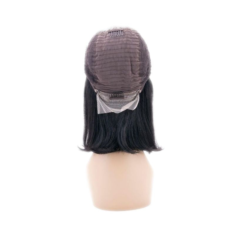Human Hair Wig - Straight Bob Wig Transparent Lace - Natural Black (1B) - back cap view with comb clips