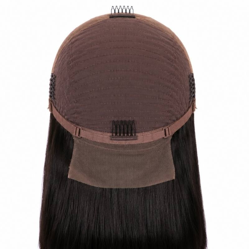 Interior of the cap on a natural black straight bob human hair wig showing four combs, adjustable straps and the square lace panel