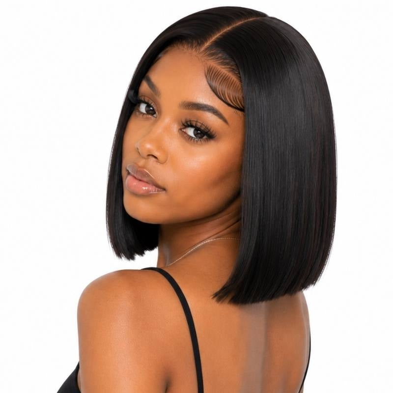 Model looking over her shoulder wearing a natural black straight bob human hair wig with a middle part and laid edges