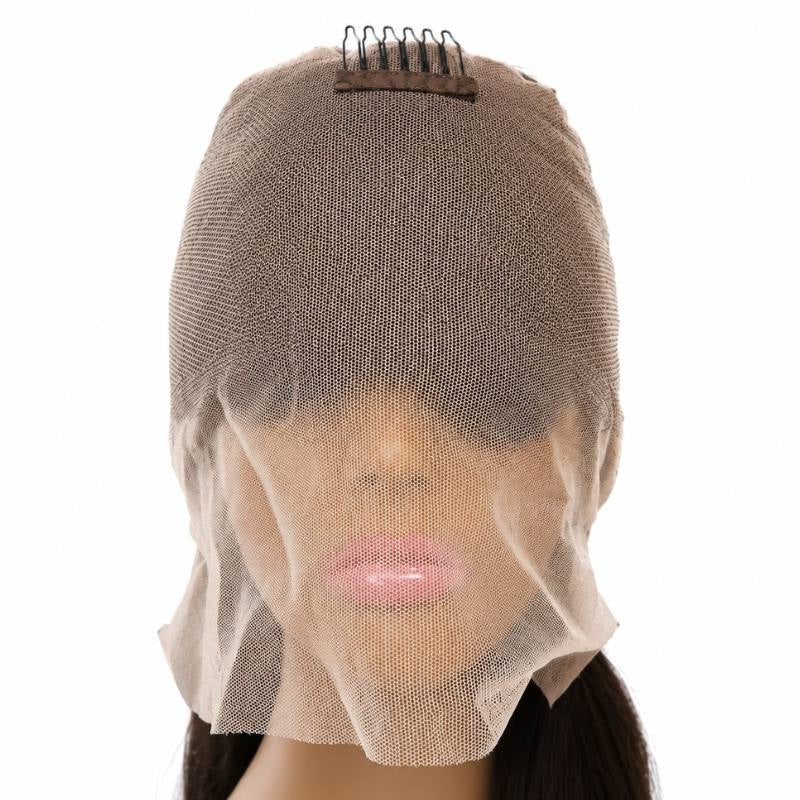Cap of a natural black straight human hair wig turned inside out over a mannequin face showing the all lace base and a crown comb