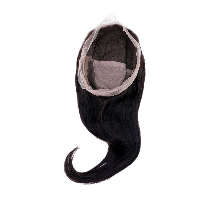 Natural black straight human hair wig laid flat on white showing the cap opening, lace perimeter and hair sweeping to one side