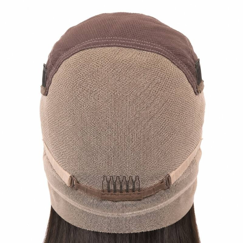 Back of the lace cap on a natural black straight human hair wig turned inside out showing the nape comb and adjustable band