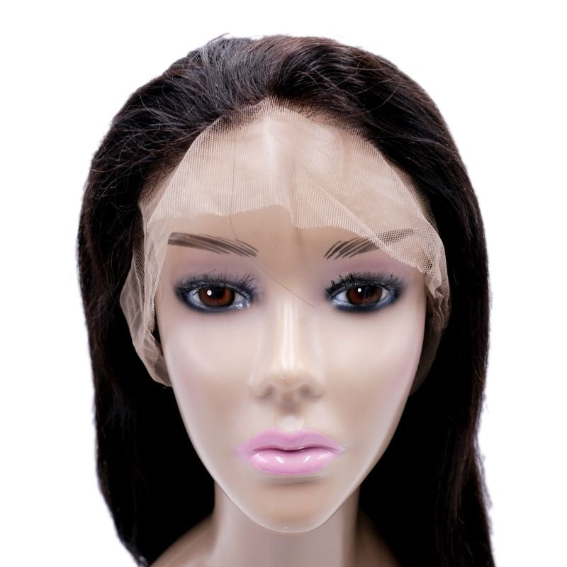 Front view of a natural black straight human hair wig on a mannequin head with the uncut lace panel spread across the face