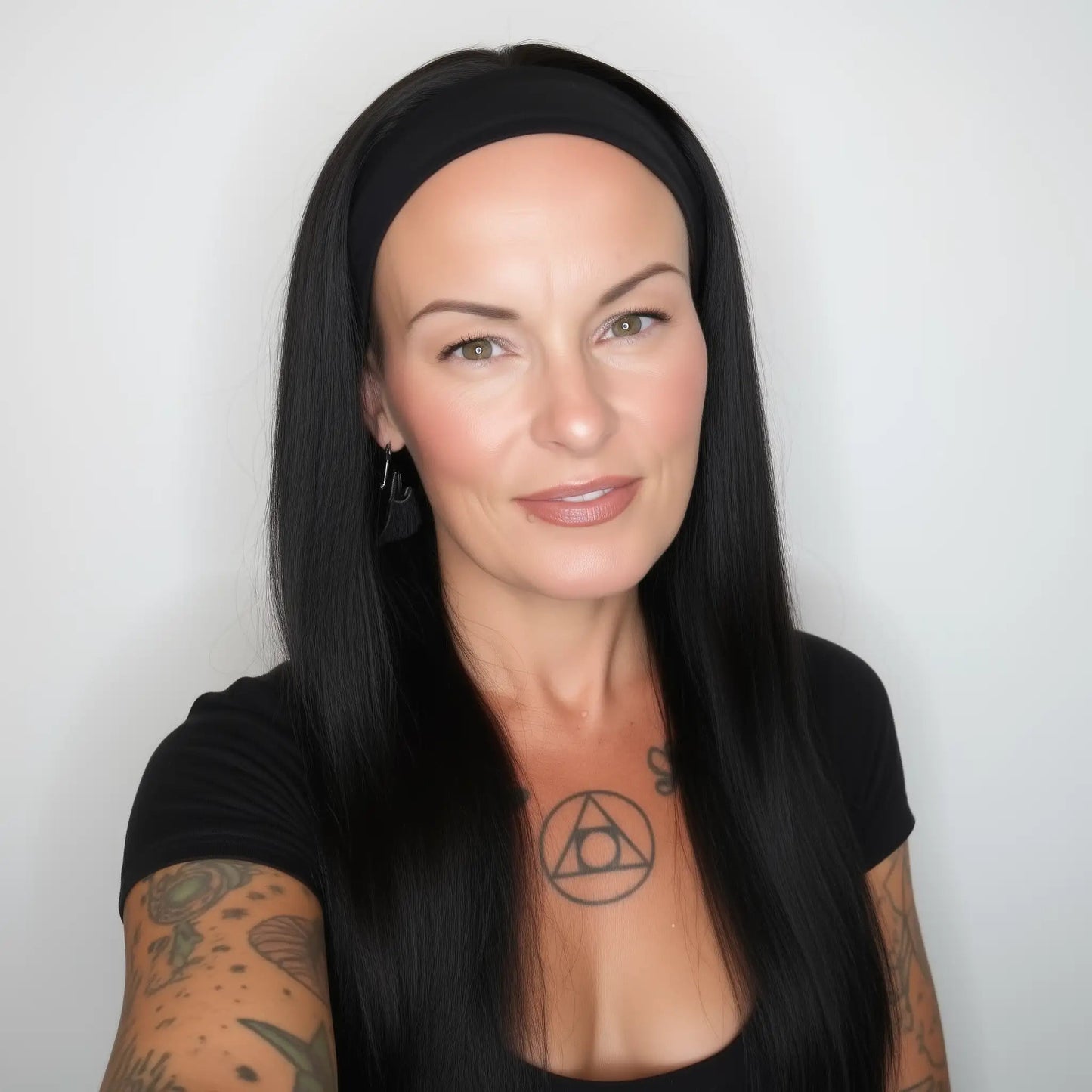 Human Hair Wig - Straight Headband Wig - Natural Black (1B) - model wearing front view