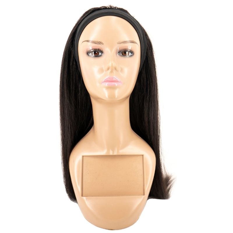 Human Hair Wig - Straight Headband Wig - Natural Black (1B) - front view on mannequin head